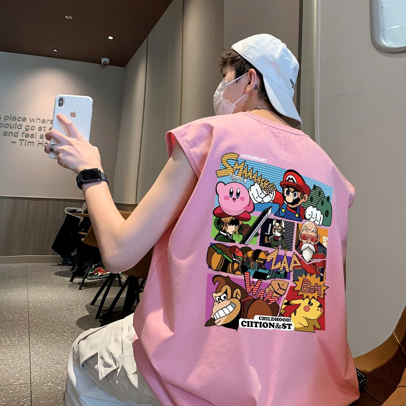 สีชมพู โดปามีน เสื้อกั๊กกีฬาเสื้อกั๊กผู้ชายเสื้อยืดแขนกุดถนนอเมริกันสวมเสื้อกั๊ก ฮัดเดิล ชายชราเสื้อกันหนาวฤดูร้อน