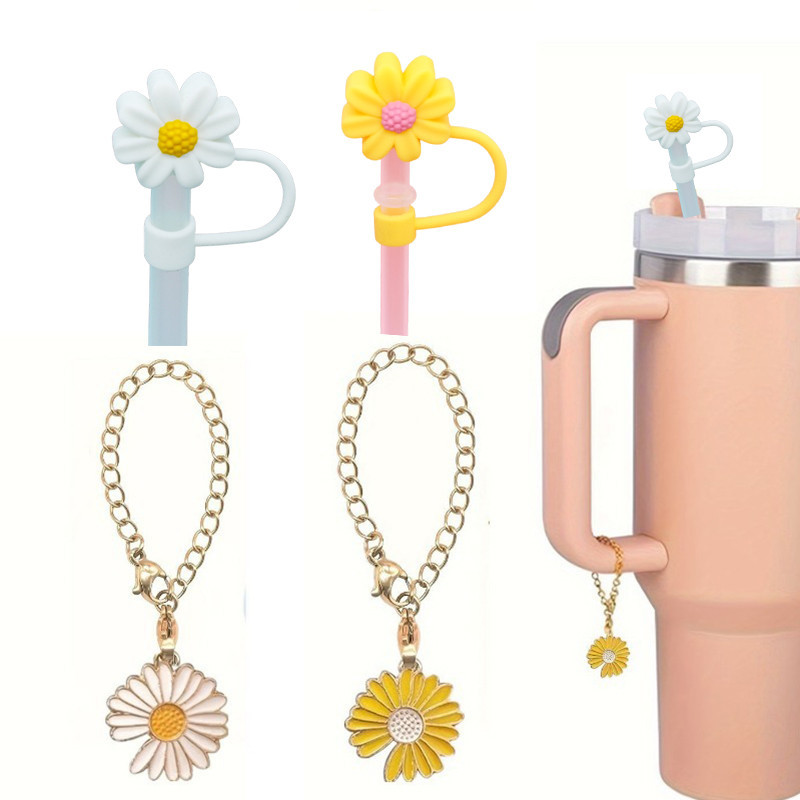 Sugaw ขวดน ้ ําจี ้ 10 มม.ฟางชุด Daisy Charm ส ่ วนบุคคลหมวกฟางซิลิโคนป ้ องกันฟางปลั ๊ กฟางฝาฟางสําหรับ Stanley Tumbler