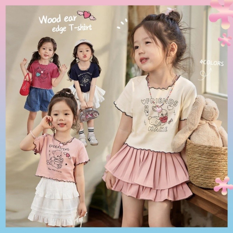 Children's Clothing Girls' Short SleeveTSummer T-shirt2024New Children's All-Match Ruffled Top Baby Girl PrintingTT-shirt Fashion