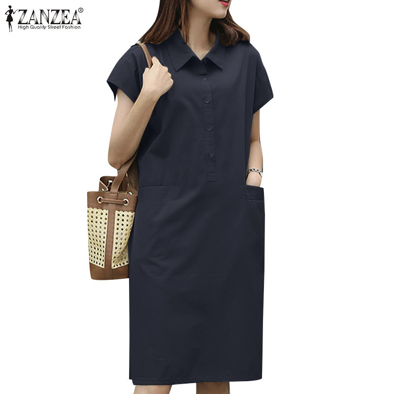 Zanzea ผู ้ หญิงแฟชั ่ นเกาหลีแขนสั ้ นกระเป ๋ า Casual Lapel Collar Shirtdress