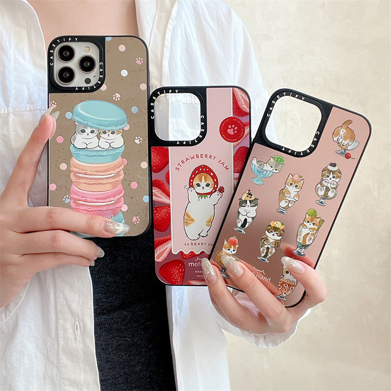 Casetifg แมวน่ารักรูปแบบคุณภาพสูงกระจกเคสโทรศัพท์พร้อมกล่องสําหรับ iPhone 11 12 13 14 15 Pro Max 15 14 Plus นุ่มด้านข้างตัวอักษรแกะสลักป้องกันปลอกกันกระแทก Hard PC ฝาหลัง