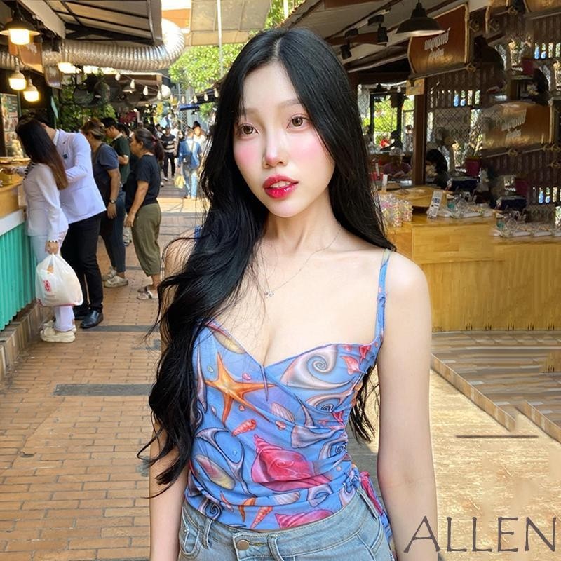 Allen-women Crop Camisoles ปลาดาวพิมพ์สปาเก็ตตี้สายคล้องคอแขนกุด Backless ตาข่าย Tank Tops ด้านข้าง Drawstring Vests Tops