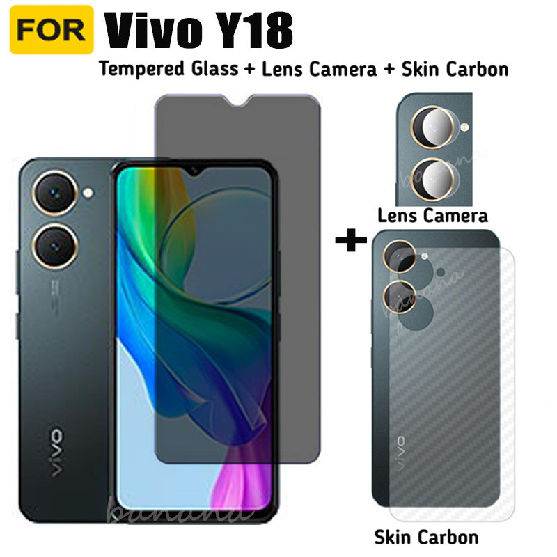 Vivo Y18 Anti-Spy กระจกนิรภัยสําหรับ Vivo Y18E Y03 Y100 Y27S Y27 4G Y38 5G ตัวป้องกันหน้าจอความเป็นส่วนตัว 3 ใน 1 ฟิล์มคาร์บอนไฟเบอร์และตัวป้องกันกล้อง