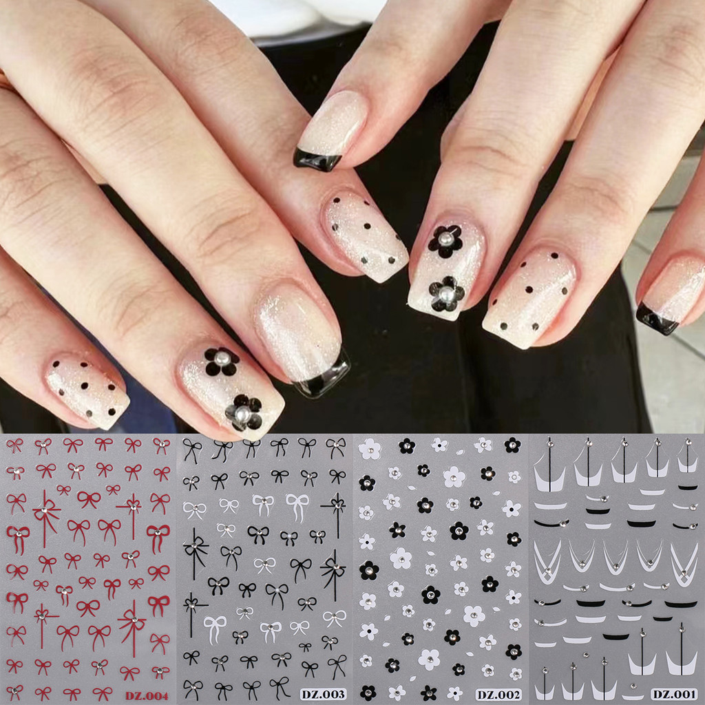 HAMA Nail Nail Art สติกเกอร์ขายส่งภาษาฝรั่งเศสคําสีดําและสีขาวดอกไม้โบว์สไตล์ญี่ปุ่นขนาดเล็กสดสไตล์เพชรตกแต่งเล็บสติกเกอร์รูปลอก