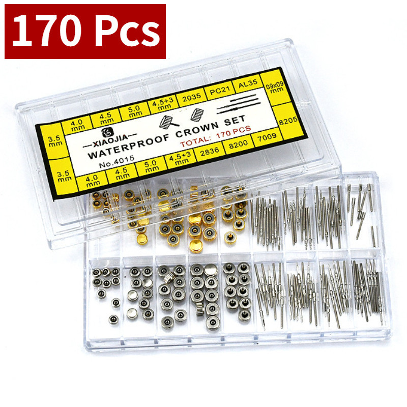 170 ชิ ้ น/Box นาฬิกากันน ้ ํา Crown Stem อะไหล ่ เปลี ่ ยนโดมแบนหัวสําหรับซ ่ อมนาฬิกาชุดเครื ่ องมือการเคลื ่ อนไหวชุด