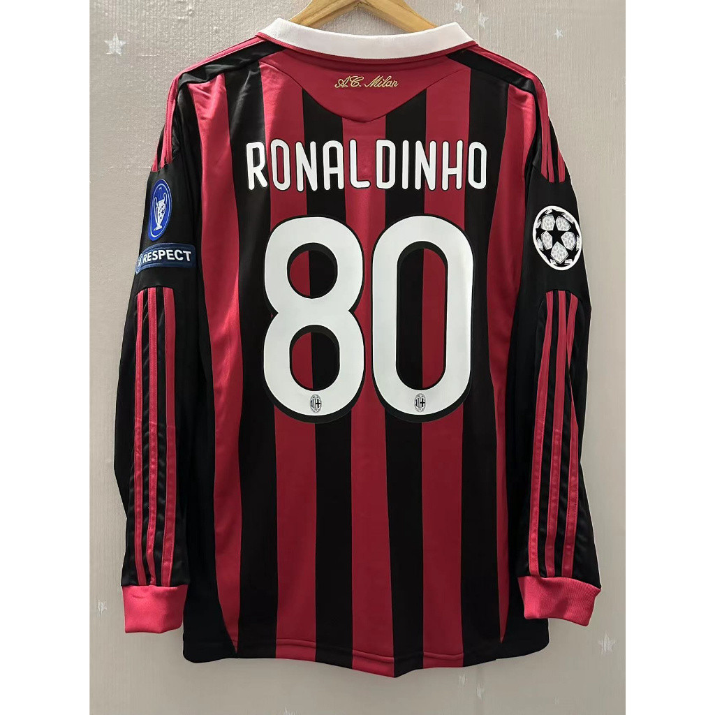 09-10 AC Milan แขนยาวคุณภาพสูง Retro Soccer Jersey เสื ้ อยืดที ่ กําหนดเองเสื ้ อฟุตบอล RONALDINHO MALDINI