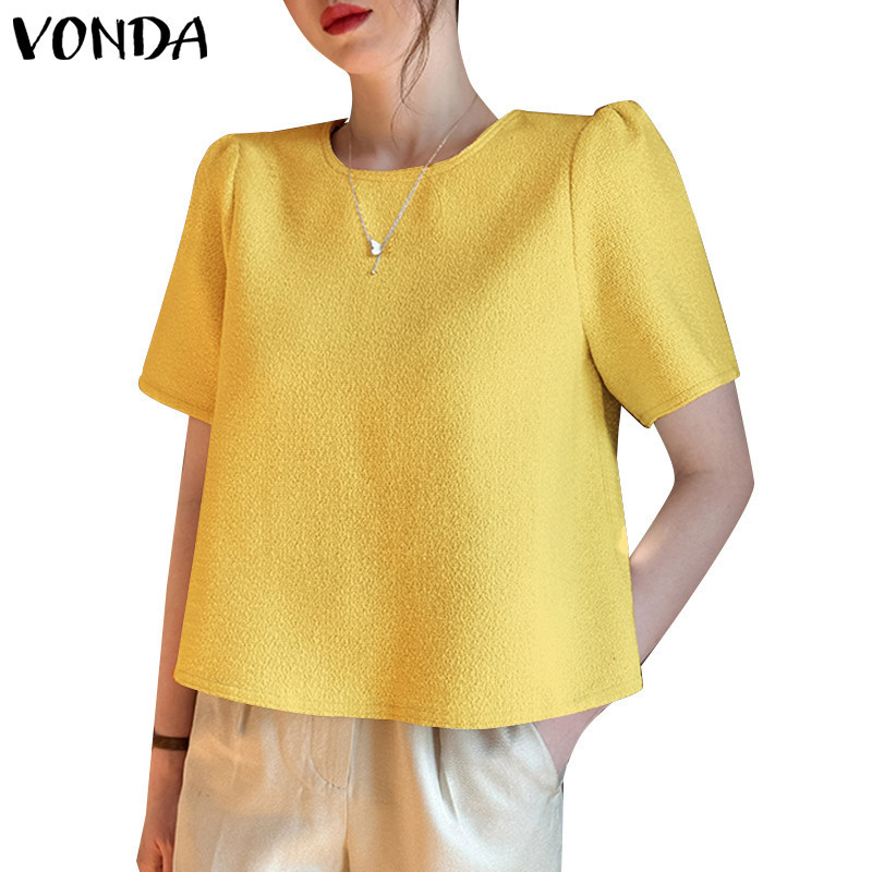 Vonda เสื ้ อเบลาส ์ แขนสั ้ นคอกลมลําลองผู ้ หญิงเกาหลี