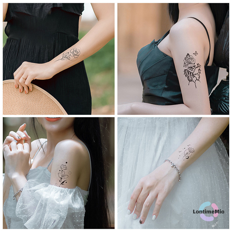 Lontimemio] สติกเกอร์รอยสักชั่วคราวกันน้ําผีเสื้อสีดํา Rose Transfer Flash Tattoo ใหม่