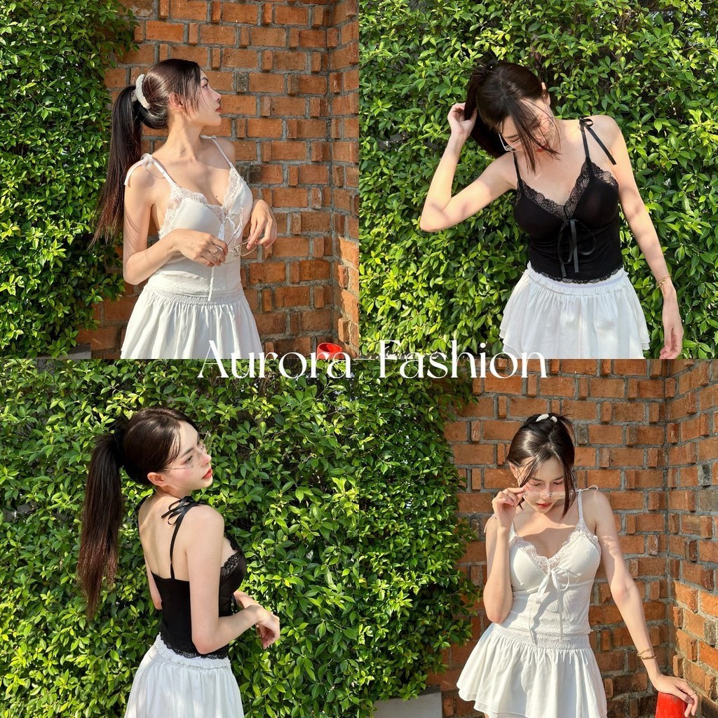Aurora🛒พร้อมส่ง🚚(รูปถ่ายจากงานจริง) คอวี สายเดี่ยว เสื้อกล้ามกึ่งเปิดเผยเซ็กซี่ ตกแต่งโบว์สายสะพาย เซ็กซี่สุดๆ