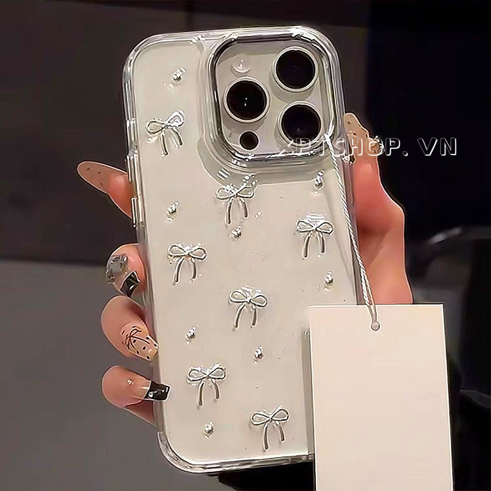 Stereoscopic Silver Bowknot Pearl Platingเคสโทรศัพท์สําหรับiPhone 17 Pro Max 17 Air 16 Plus 15 14 13 12 Pro Max 11 Full Coverageกันกระแทกป้องกันปกอ่อน