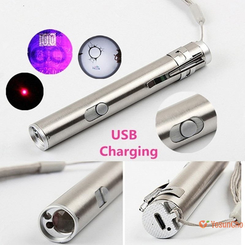 Yosuncho ] 3 In1 Mini USB ไฟฉายอลูมิเนียมอัลลอยด ์ USB ชาร ์ จเลเซอร ์ ใหม ่