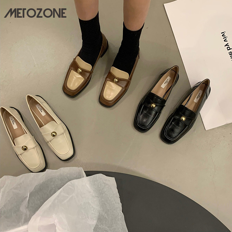MeTozone รองเท้าไม่มีส้นหัวเหลี่ยมแบนสำหรับผู้หญิงสไตล์ฝรั่งเศสสไตล์อังกฤษรองเท้าหนังขนาดเล็ก
