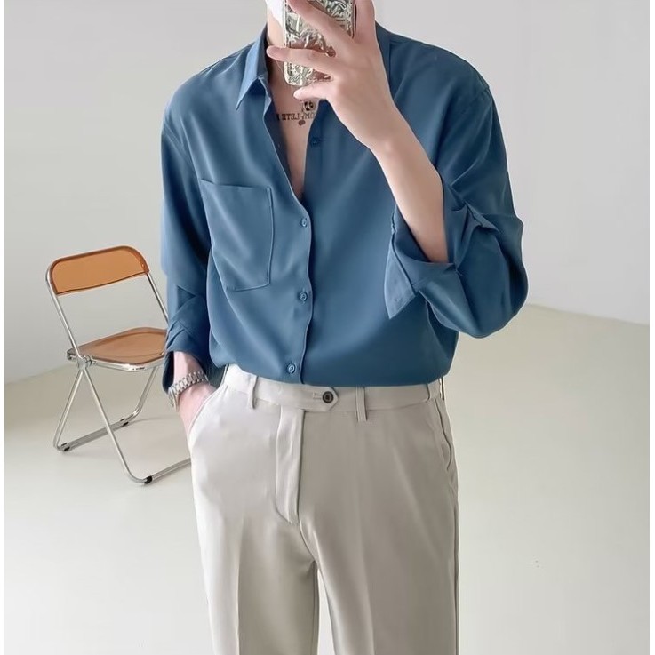 เสื้อเชิ้ตแขนยาวสีพื้น คอปก เสื้อเชิ้ตใส่ทำงานชาย สไตล์ลำลอง กระดุมแถว แฟชั่นเกาหลี ไซส์ M L XL XXL XXXL ราคา ถูกที่สุด ดีลบีเคเค แกลเลอรีภาพที่ 8