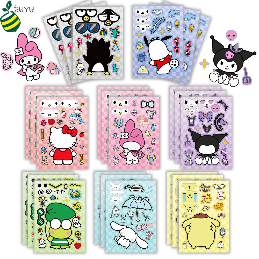 8 แผ่น Kuromi อะนิเมะ Pompompurin ปริศนาสติกเกอร์ Make-a-Face ประกอบจิ๊กซอว์ DIY เด็กน่ารักสติกเกอร์เด็กของเล่นเพื่อการศึกษา