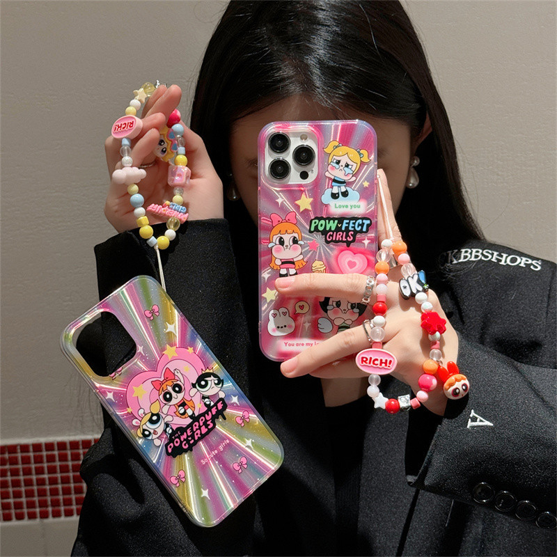 Crybaby Powerpuff Girls iPhone Laser Case Pearl Bead พวงกุญแจสําหรับ iPhone 15/14 Pro Max/13 Pro Max/12 Pro Max iPhone 11 Case
