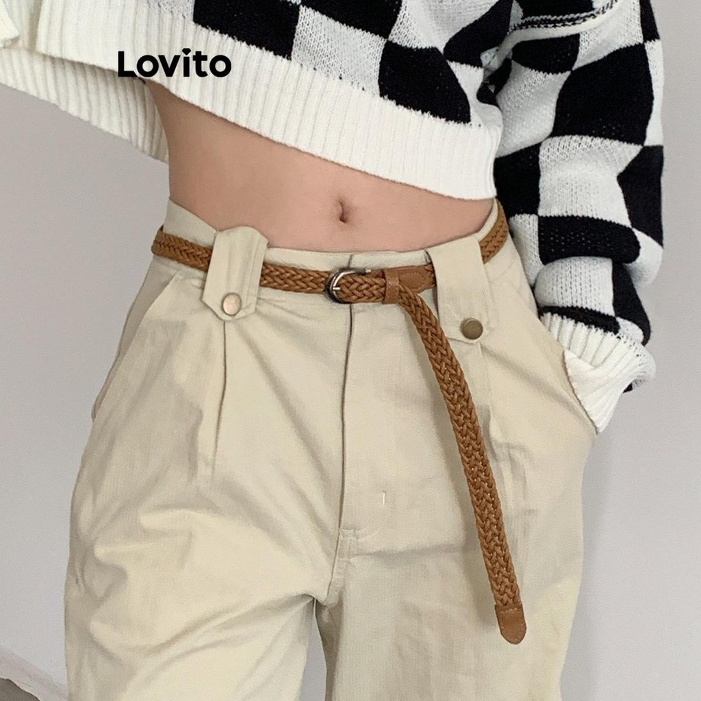 Lovito เข็มขัดผู้หญิง ถักปม หัวเข็มขัดโลหะ สีเรียบ สไตล์ลำลอง LFA35165