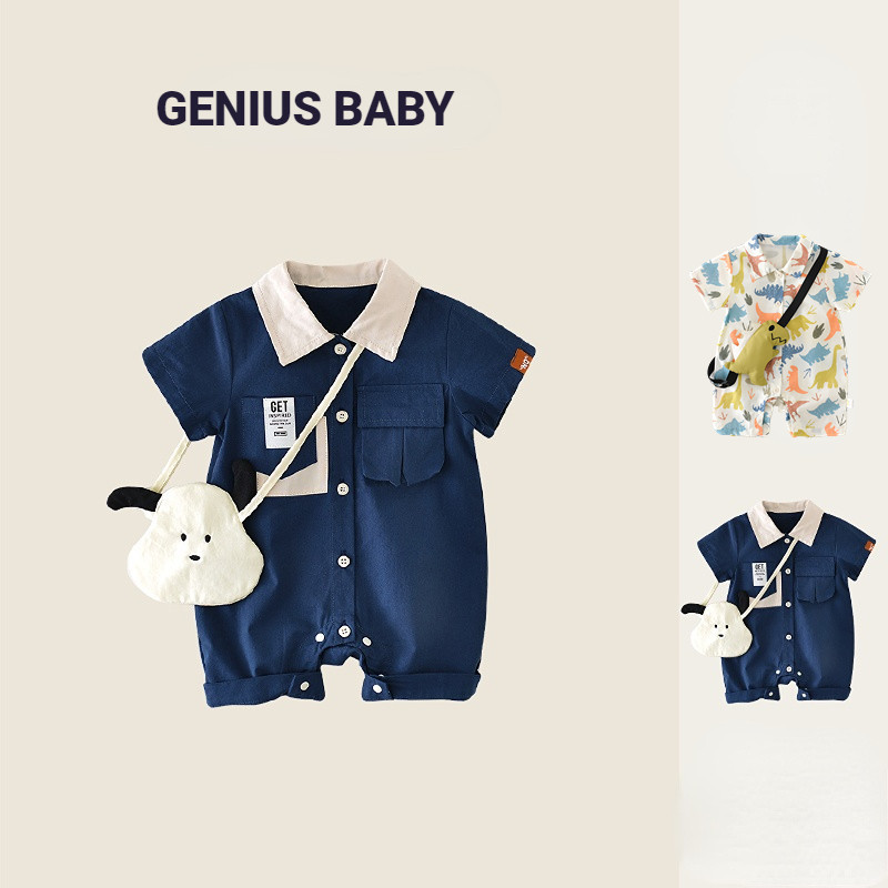 ฤดูร้อนใหม่เสื้อผ้าเด็กชายหญิงแขนสั้นโปโลบอดี้สูท + กระเป๋า 0-24 เดือน สุด ๆ หล่อ ชุดจั๊มสูท รวมกระเป๋า