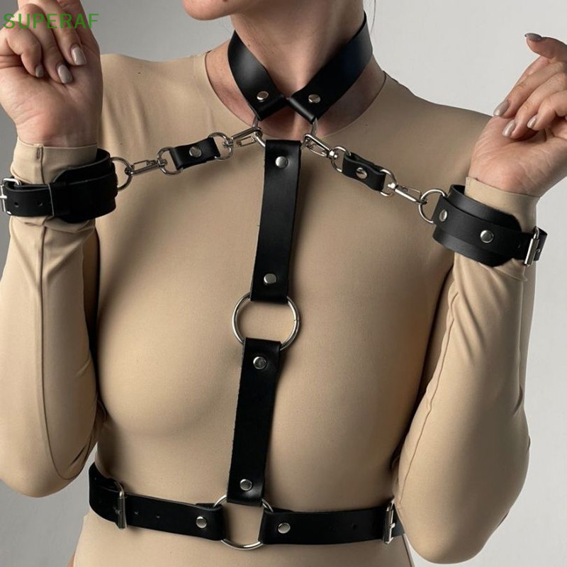 Superaf เซ็กซี่หนังสีดําปลอกคอและสายรัดข้อมือแบบบูรณาการปรับ Backband แฟชั่น Punk โลหะรอบปุ่มหัวเข็มขัดผู้หญิง HOT