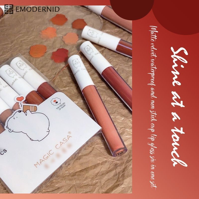 เซ็ทลิปทินท์​น้องหมี สีสวย เกลี่ยง่ายลิปสติกลิปเซต 6แท่ง-em