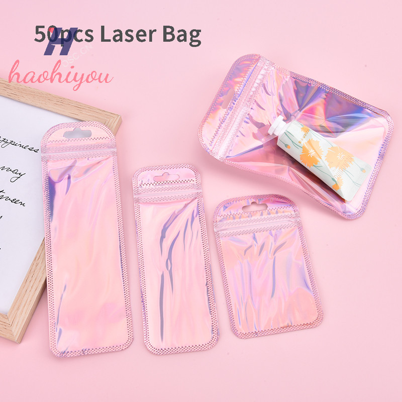 <haohiyou> 50 ชิ้น 4 รูปแบบเลเซอร์บรรจุภัณฑ์ถุงแบนกระเป๋าเครื่องสําอาง Horaphic กระเป๋า