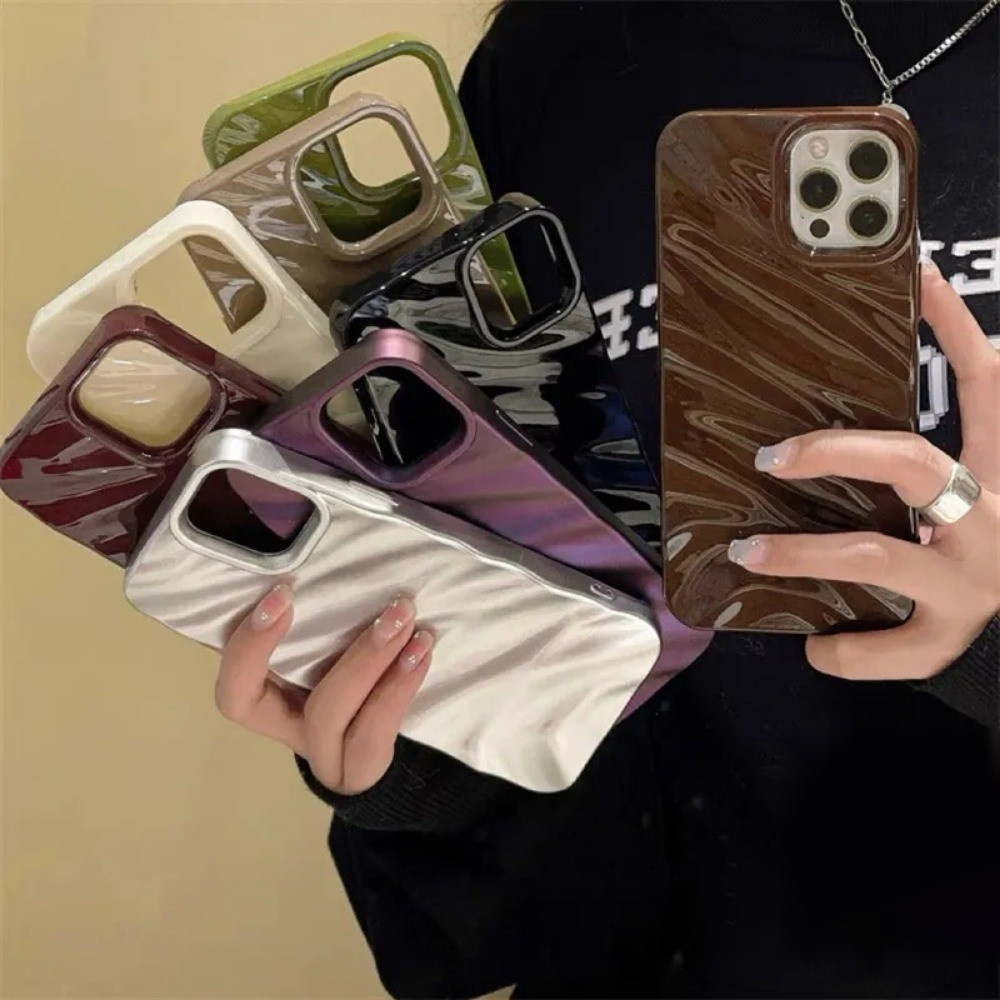 หรูหรา 3D ผ้าไหมหยักรูปแบบเคสโทรศัพท์สําหรับ iPhone 15 14 13 12 11 Pro Max 7 8 Plus X XR XS Max สีทึบ Glossy ฝาครอบกันชน