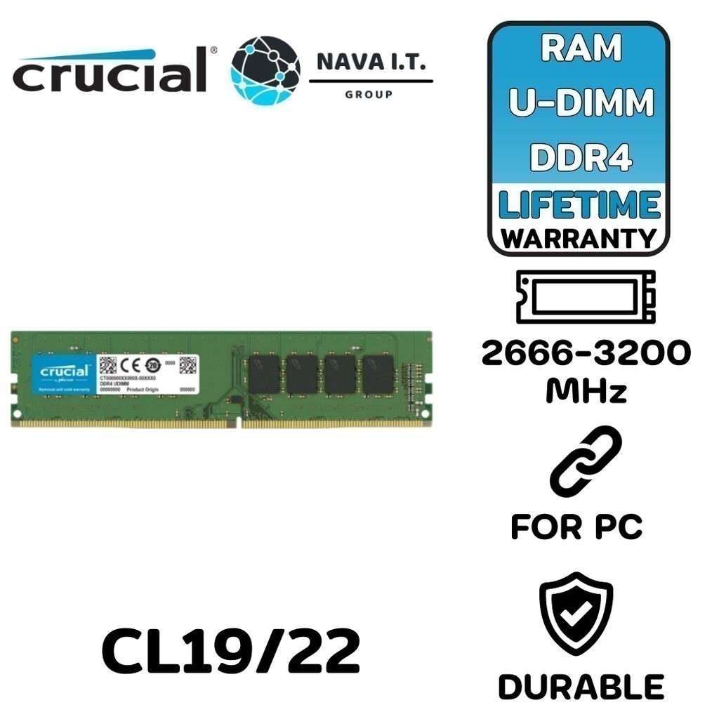 มีส่งด่วน CRUCIAL 4GB 8GB 16GB 32GB DDR4 2666/3200 UDIMM CL19/22 สำหรับ PC ประกันตลอดการใช้งาน