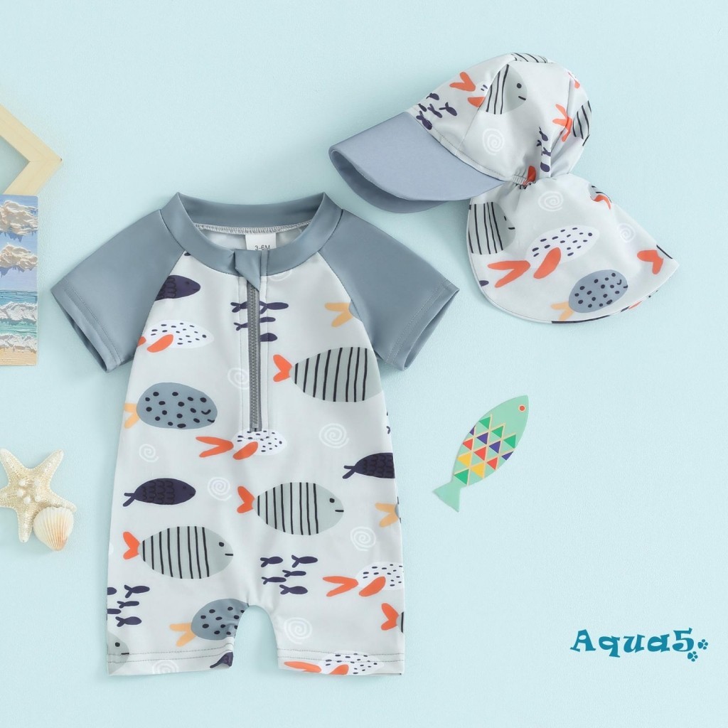 Aqq-toddler Boys Rash Guard ชุดว่ายน้ําการ์ตูนปลาพิมพ์ชุดว่ายน้ําแขนสั้นซิปด้านหน้าชุดว่ายน้ําพร้อมหมวกว่ายน้ํา