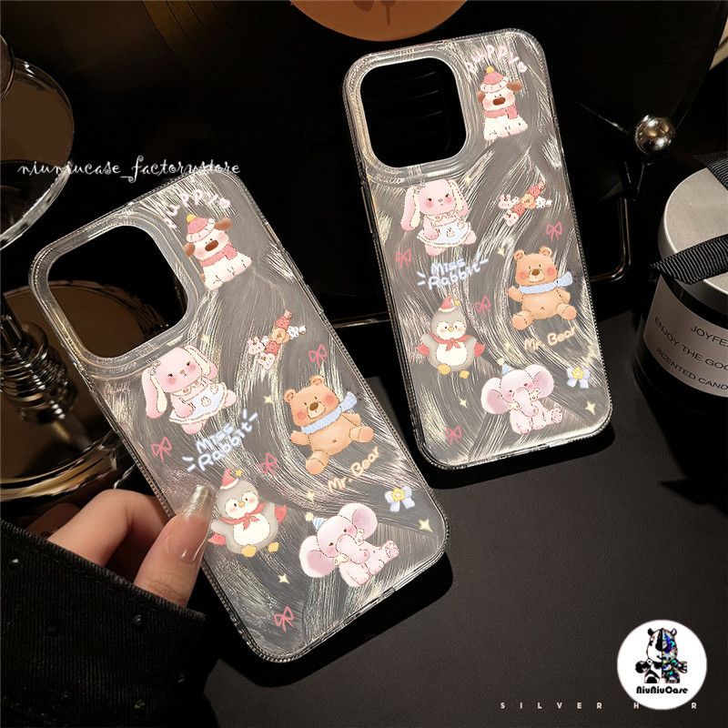 For iPhone 11 เคส รูปแบบหมีน้อยน่ารัก Feather Laser Case For iPhone 11 12 13 14 15 Pro X XR XS MAX 7 8 Plus เคสโทรศัพท์