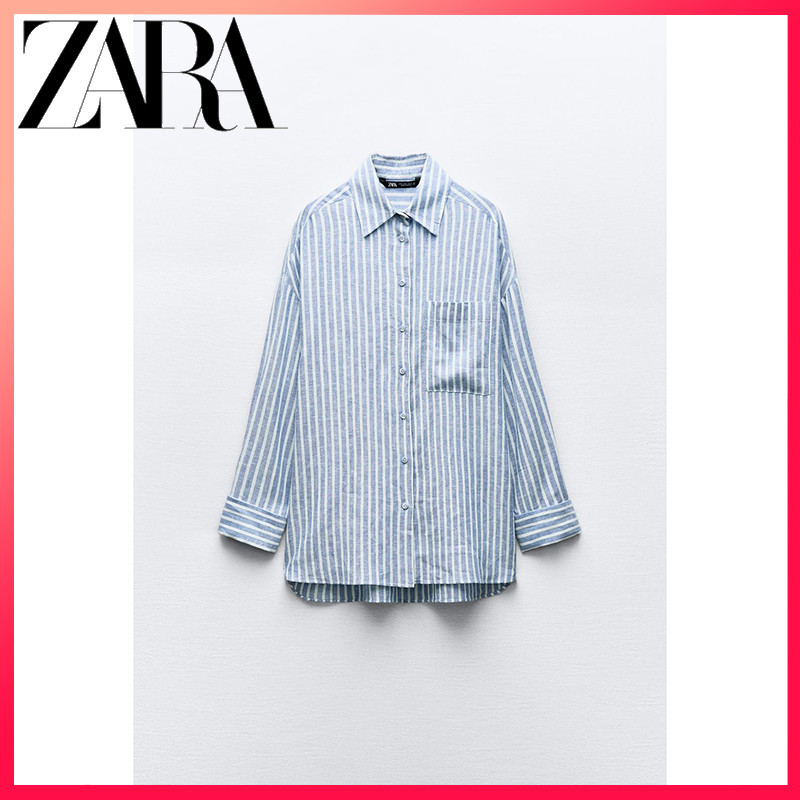 ZARA ซาร่า 24 ฤดูร้อนสินค้าใหม่เสื้อเชิ้ตผ้าลินินผสมลายทางขนาดใหญ่ของผู้หญิง