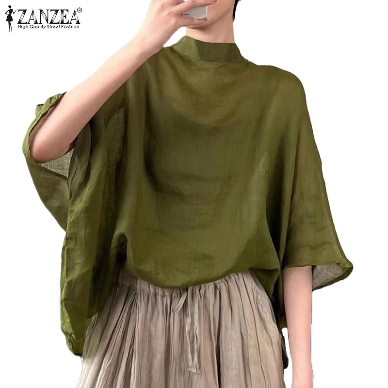 ZANZEA ซานเซีย ผู้หญิงเกาหลีหรูหราแขนสามในสี่ยืนปกเสื้อเบลาส์ทุกวัน