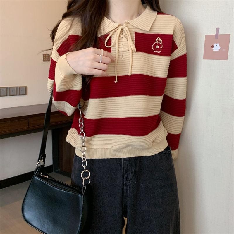 LuneGraceเสื้อไหมพรมแขนยาวลายทาง คอปกปักลายเชือกผูกโบว์ รูปที่ 4
