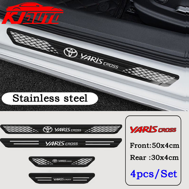 4pcs Toyota Yaris Cross รถสแตนเลสเกณฑ์แถบประตูรถ Sill โลหะยินดีต้อนรับ Pedal Auto ตกแต่งสติกเกอร์จัดแต่งทรงผมสําหรับ Yaris Cross AC200 GS HEV TRD GR กีฬา