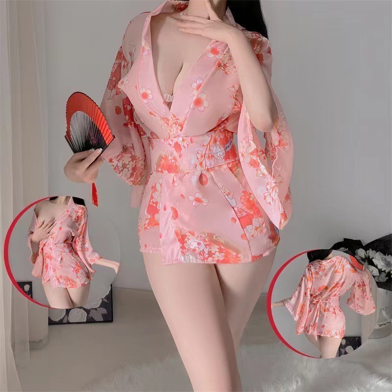 YJ Women Sexy Lingerie Cosplay Pink Japanese Kimono Set Home Pajamas Bodysuit Women's Underwear Japa