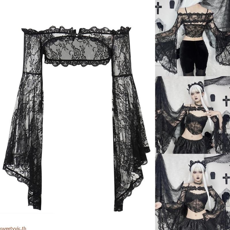 Sweety Mesh Crop Tops สตรีดูผ่าน Camisole แขนยาวเสื้อลูกไม้ Y2K