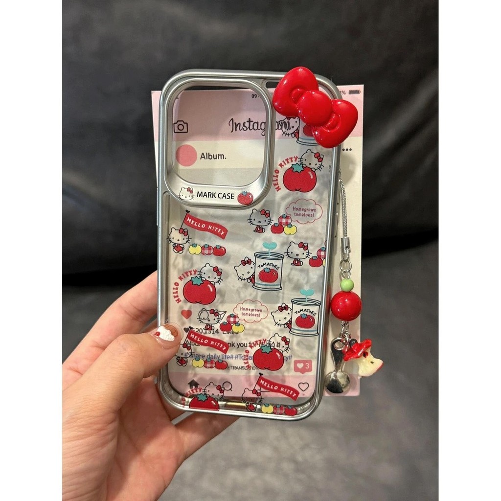 สไตล์ใหม่ 11 น่ารัก 12 กรอบชุบ xr เต็มหน้าจอ Hello Kitty 13 เหมาะสําหรับ Apple 16promax เคสโทรศัพท์ xs โบว์สามมิติ 14 พร้อมจี้ iPhone15 กันกระแทกเคส