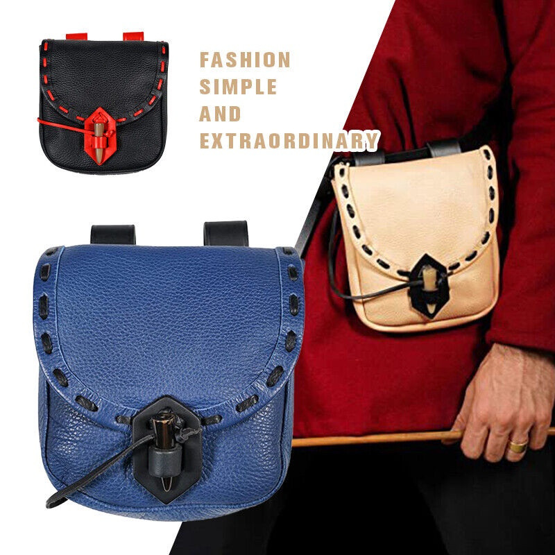 ยุคกลางเข็มขัดเอว Satchel PU หนัง Steampunk กระเป๋าคอสเพลย์ฮอร์นปุ่มกระเป๋า 6CCL