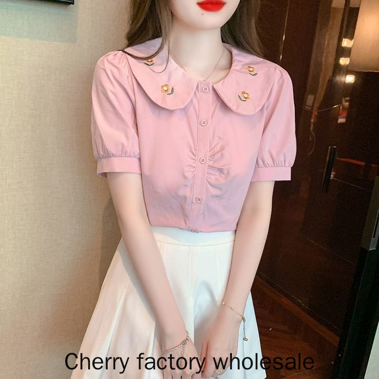 เสื้อผ้าแฟชั่นผู้หญิงสวมใส่สบายแขนสั้นคอตุ๊กตาปัก ผอมลง ดูเสื้อเชิ้ตสุภาพสตรีเสื้อผ้า