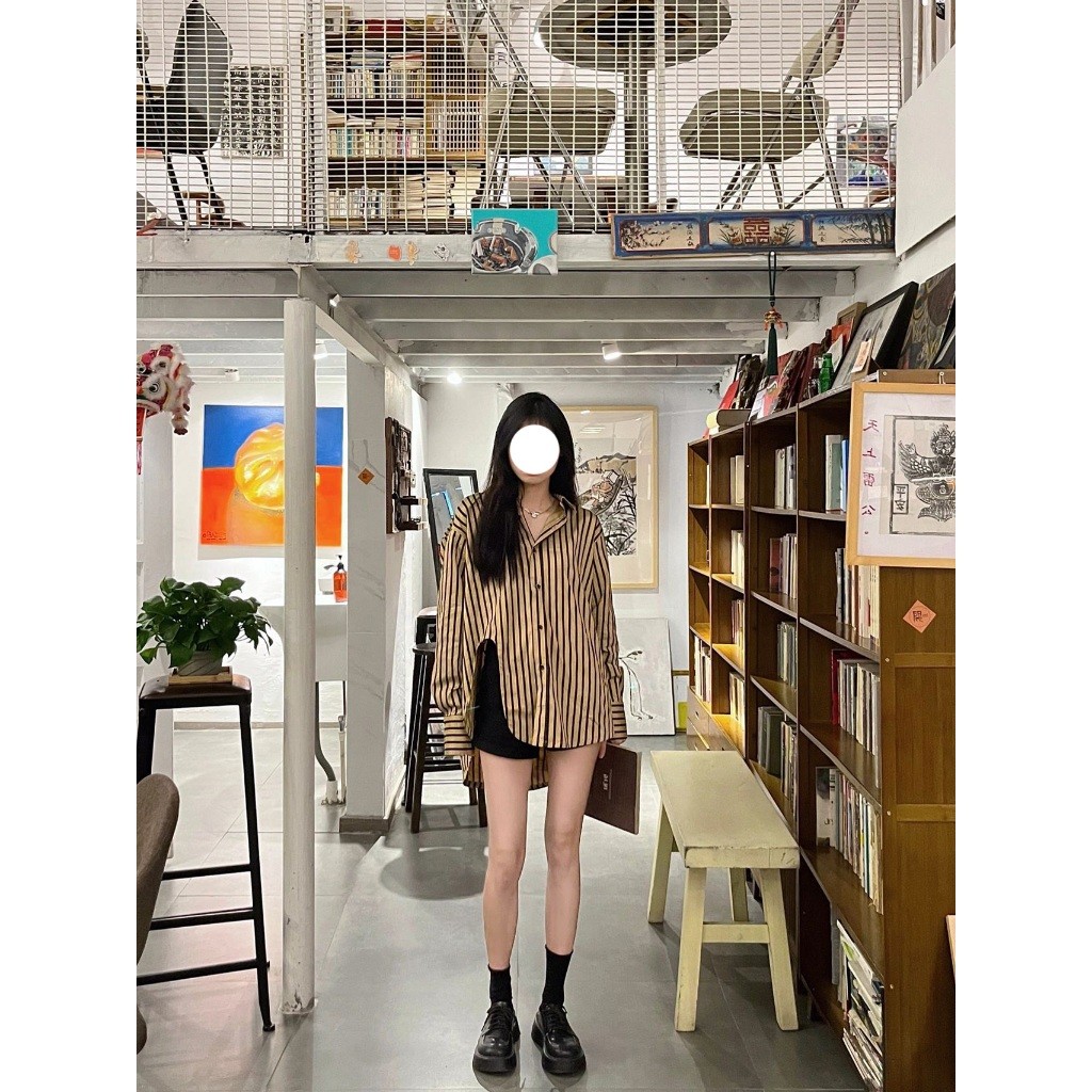 พร้อมส่ง 🧸HHB2057🧸 เสื้อเชิ้ตลายทางแขนยาวคอปกผู้หญิง oversize แฟชั่นฤดูใบไม้ร่วง สไตล์เกาหลี แมชง่าย