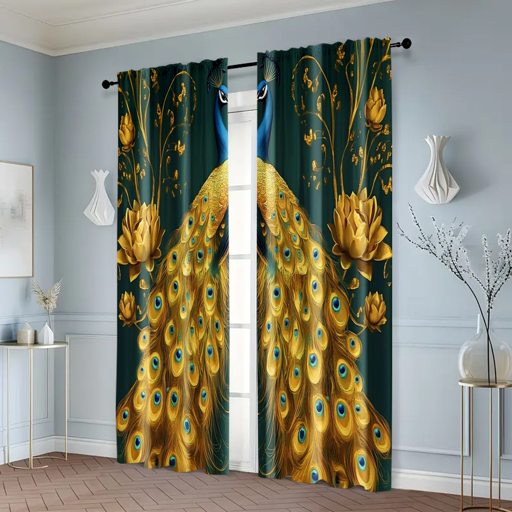แนะนำ ผ้าม่าน 2ชิ้น ผ้าม่าน ม่านม้วน 2ง พิมพ์นกยูงสีทองพิมพ์โพลีเอสเตอร์ทนทาน (ไม่มีก้าน) ใช้วันหยุดสําหรับประเภทห้องต่างๆ ราคาพิเศษ มีเก็บเงินปลายทาง
