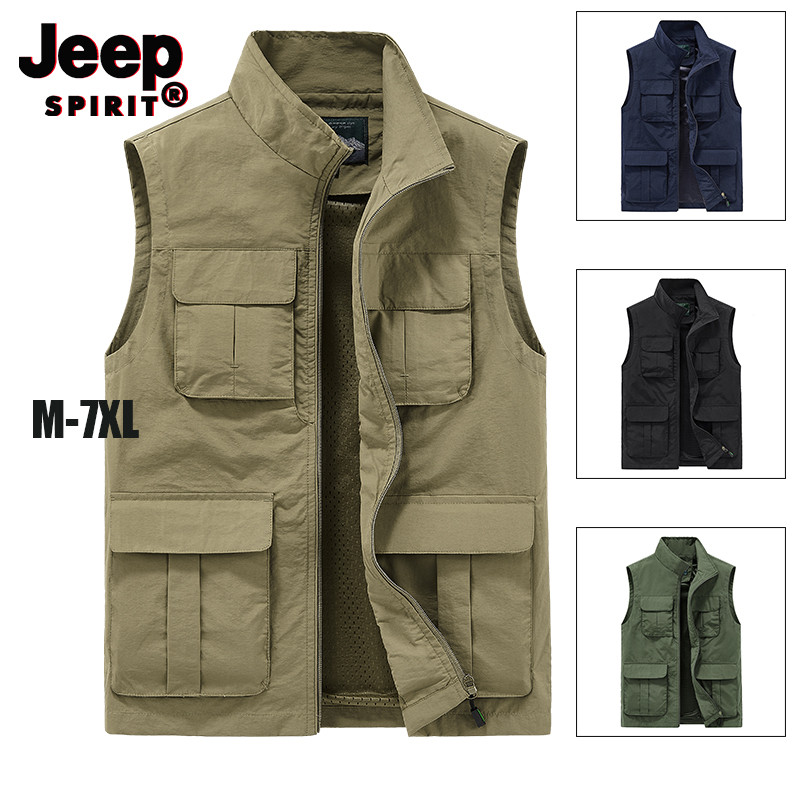 JEEP SPIRIT เสื้อโค้ททํางานแขนกุดหลายกระเป๋าลําลองสําหรับบุรุษกลางแจ้งการล่าสัตว์เสื้อกั๊กกันลม