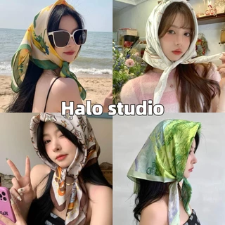 Halo studio พร้อมส่ง🔥 ผ้าพันคอซาติน ผ้ามัดผมเกาหลี 【70x70 ซม】ผ้าพันคอสามเหลี่ยม ผ้าโพกศีรษะน่ารัก