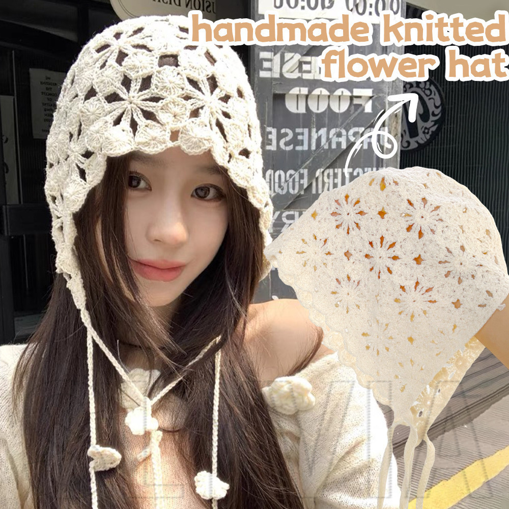 โครเชต์ดอกไม้ถักหมวก-พู่ทอมือสําหรับวันหยุดอุปกรณ์ประกอบฉากภาพ-ผ้าคลุมศีรษะฤดูร้อน-แฟชั่นหมวกบีนนี่กลวงออก- ย2เค สไตล์ฝรั่งเศสแฟชั่นหวาน