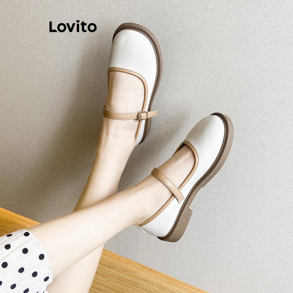 Lovito รองเท้าแมรี่เจนผู้หญิง ทรงบัลเล่ต์ แต่งหัวเข็มขัด สีเรียบ สไตล์น่ารัก LFA22003