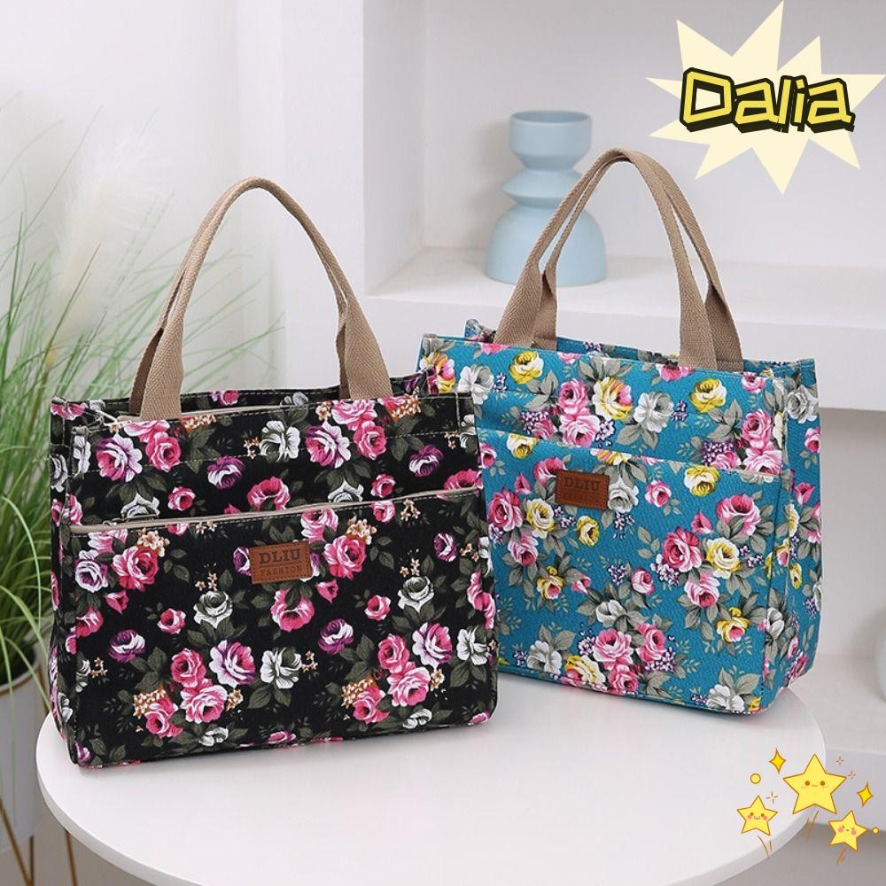 Dalia Canvas Lunch Bag, Fashion Large Capacity Floral Print Tote Bag, Women Mommy Bag Portable Casual Handbag