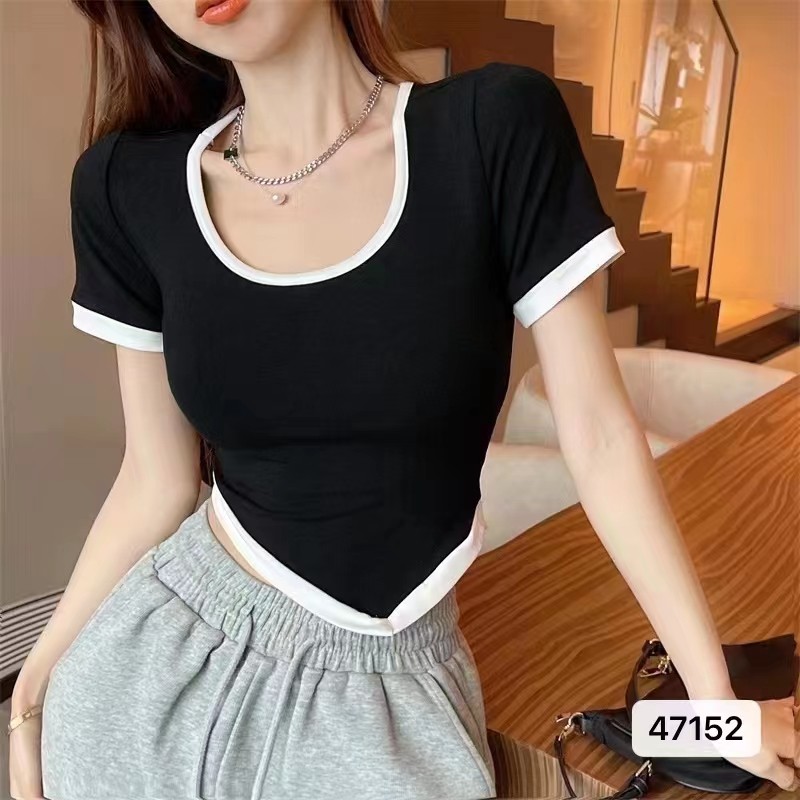 Gamin-0592 เสื้อแขนสั้น เสื้อไหมพรมแขนสั้น แต่งขอบทูโทน (47152)