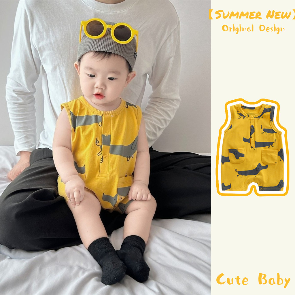ฤดูร้อนใหม่เสื้อผ้าเด็ก, ชายและหญิงเด็กบางแขนกุดสีเหลืองบอดี้สูท 0-24 เดือนเด็กทารกสุดน่ารักสัตว์ ชุดรอมเปอร์ สไตล์เกาหลี