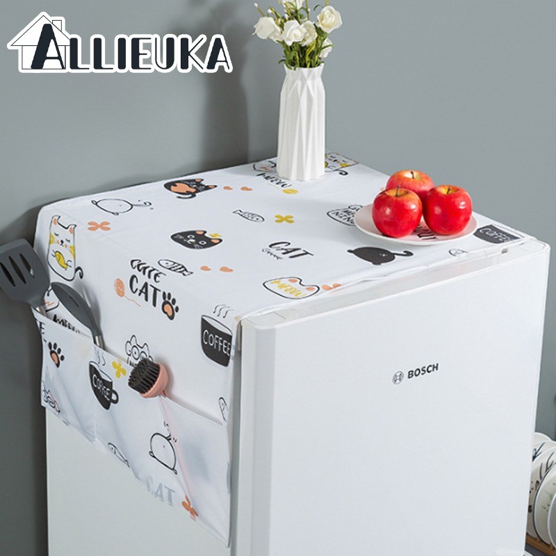 Allieuka ผ้าคลุมตู้เย็นกันฝุ่น กันน้ำ กันฝุ่น ผ้าคลุมตู้เย็น กันน้ำมันและเช็ดง่าย มีช่องเก็บของสองข้าง