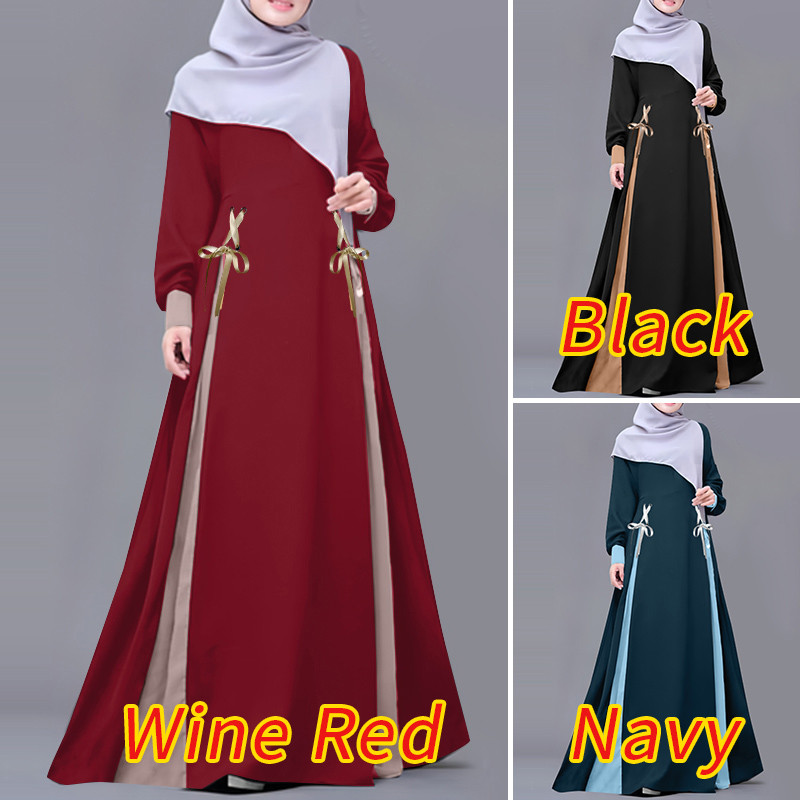 Zanzea ผู้หญิงมุสลิม Elegant โคมไฟแขน Lace Up Design Maxi Contrast Dresses