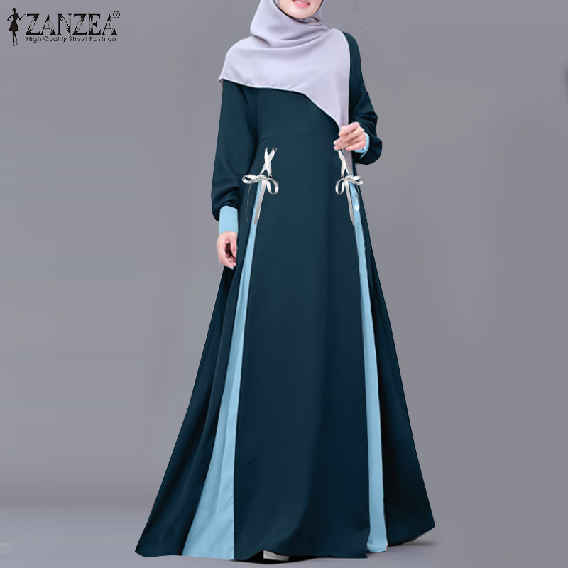 Zanzea ผู้หญิงมุสลิม Elegant โคมไฟแขน Lace Up Design Maxi Contrast Dresses