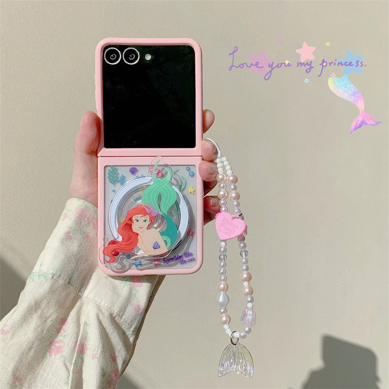 การ์ตูน Mermaid Magnetic Bracket สร้อยข้อมือเคสโทรศัพท์สําหรับ Samsung Galaxy Z Flip 5 6 Z Flip6 ZFl